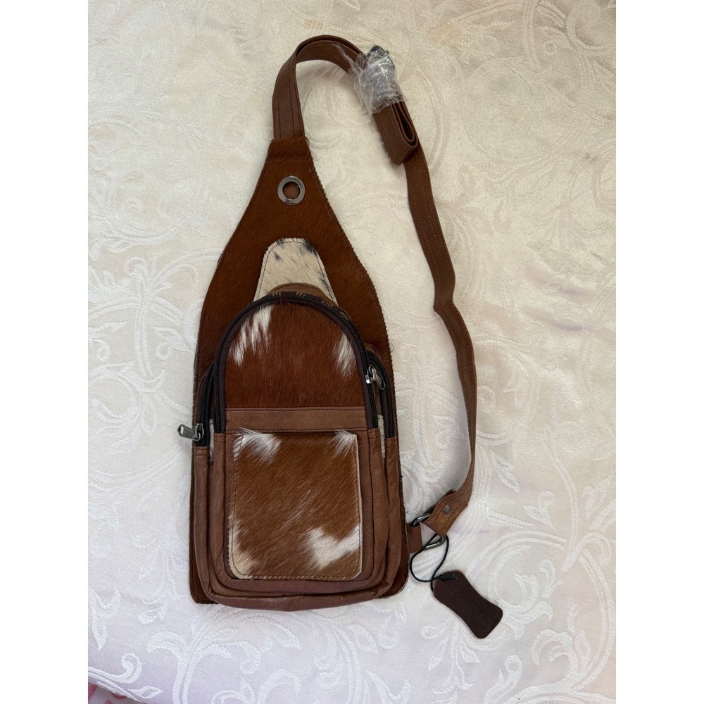 Karma Highway Western Leather Cow Hair Sling Bag Crossbody Chest Pack Brown